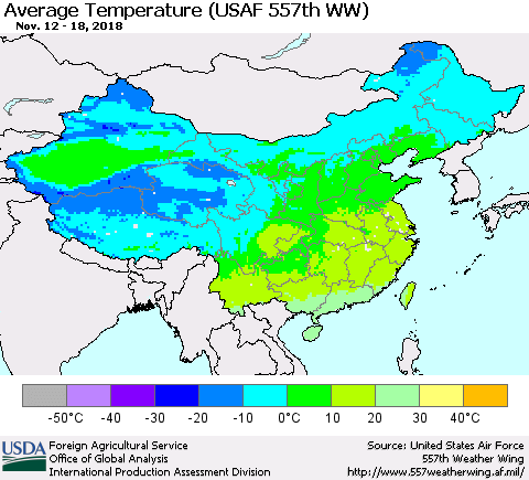China and Taiwan Average Temperature (USAF 557th WW) Thematic Map For 11/12/2018 - 11/18/2018