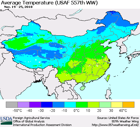 China and Taiwan Average Temperature (USAF 557th WW) Thematic Map For 11/19/2018 - 11/25/2018