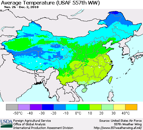 China and Taiwan Average Temperature (USAF 557th WW) Thematic Map For 11/26/2018 - 12/2/2018