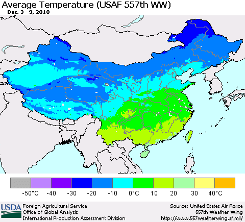 China and Taiwan Average Temperature (USAF 557th WW) Thematic Map For 12/3/2018 - 12/9/2018