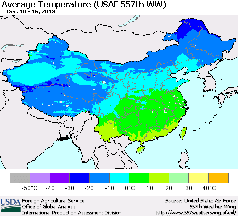China, Mongolia and Taiwan Average Temperature (USAF 557th WW) Thematic Map For 12/10/2018 - 12/16/2018