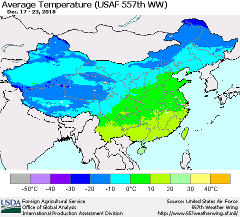 China and Taiwan Average Temperature (USAF 557th WW) Thematic Map For 12/17/2018 - 12/23/2018