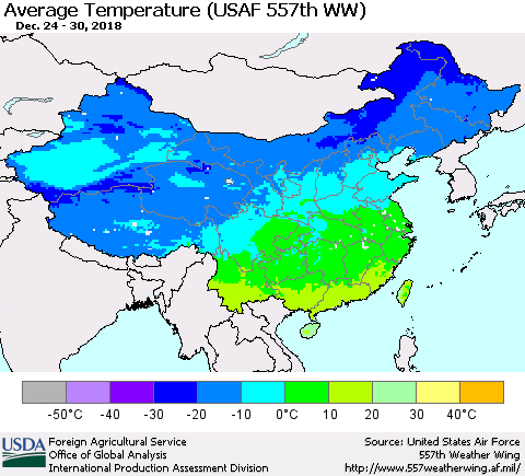 China, Mongolia and Taiwan Average Temperature (USAF 557th WW) Thematic Map For 12/24/2018 - 12/30/2018