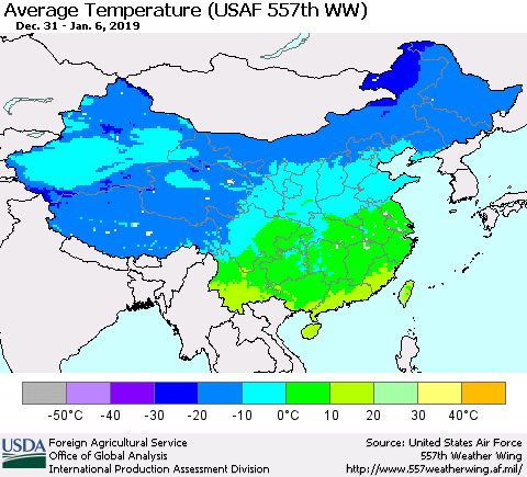 China and Taiwan Average Temperature (USAF 557th WW) Thematic Map For 12/31/2018 - 1/6/2019