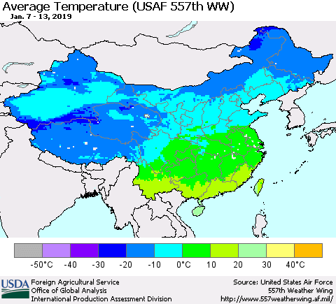 China and Taiwan Average Temperature (USAF 557th WW) Thematic Map For 1/7/2019 - 1/13/2019