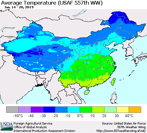 China and Taiwan Average Temperature (USAF 557th WW) Thematic Map For 1/14/2019 - 1/20/2019