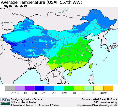 China and Taiwan Average Temperature (USAF 557th WW) Thematic Map For 1/21/2019 - 1/27/2019