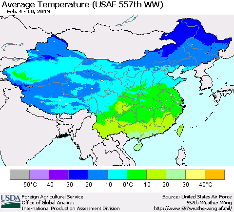 China, Mongolia and Taiwan Average Temperature (USAF 557th WW) Thematic Map For 2/4/2019 - 2/10/2019