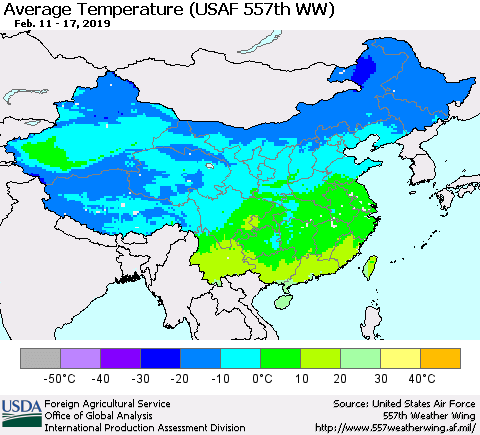 China and Taiwan Average Temperature (USAF 557th WW) Thematic Map For 2/11/2019 - 2/17/2019