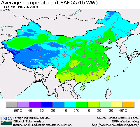China and Taiwan Average Temperature (USAF 557th WW) Thematic Map For 2/25/2019 - 3/3/2019