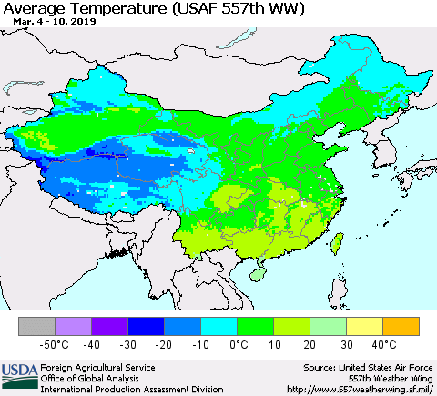 China, Mongolia and Taiwan Average Temperature (USAF 557th WW) Thematic Map For 3/4/2019 - 3/10/2019