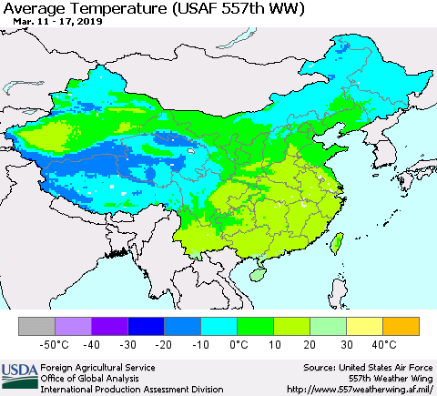 China, Mongolia and Taiwan Average Temperature (USAF 557th WW) Thematic Map For 3/11/2019 - 3/17/2019
