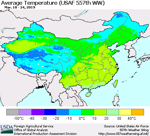 China and Taiwan Average Temperature (USAF 557th WW) Thematic Map For 3/18/2019 - 3/24/2019