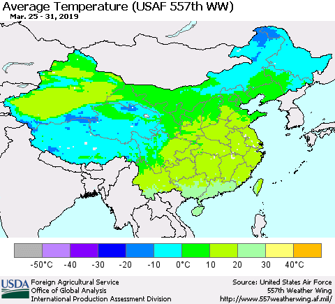 China, Mongolia and Taiwan Average Temperature (USAF 557th WW) Thematic Map For 3/25/2019 - 3/31/2019