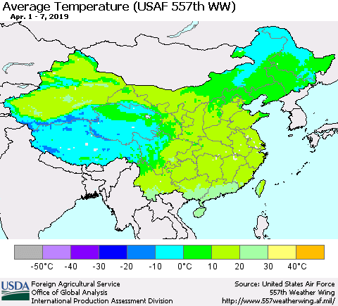 China and Taiwan Average Temperature (USAF 557th WW) Thematic Map For 4/1/2019 - 4/7/2019