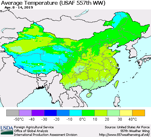 China and Taiwan Average Temperature (USAF 557th WW) Thematic Map For 4/8/2019 - 4/14/2019