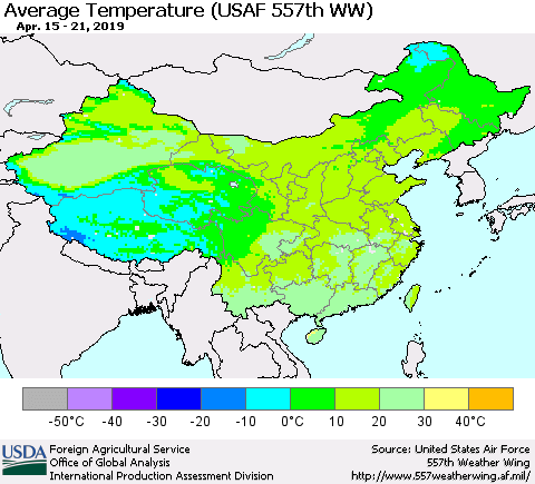China and Taiwan Average Temperature (USAF 557th WW) Thematic Map For 4/15/2019 - 4/21/2019