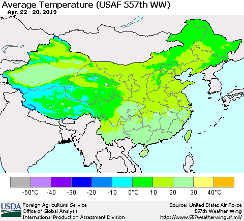 China, Mongolia and Taiwan Average Temperature (USAF 557th WW) Thematic Map For 4/22/2019 - 4/28/2019