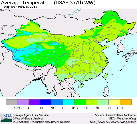 China, Mongolia and Taiwan Average Temperature (USAF 557th WW) Thematic Map For 4/29/2019 - 5/5/2019