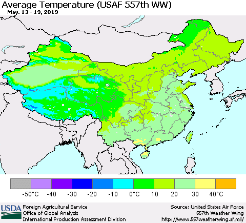 China and Taiwan Average Temperature (USAF 557th WW) Thematic Map For 5/13/2019 - 5/19/2019