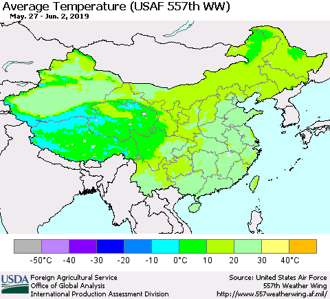 China and Taiwan Average Temperature (USAF 557th WW) Thematic Map For 5/27/2019 - 6/2/2019