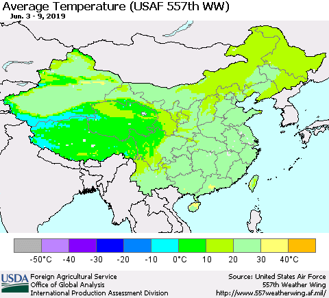 China and Taiwan Average Temperature (USAF 557th WW) Thematic Map For 6/3/2019 - 6/9/2019