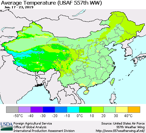 China, Mongolia and Taiwan Average Temperature (USAF 557th WW) Thematic Map For 6/17/2019 - 6/23/2019