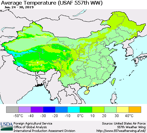 China and Taiwan Average Temperature (USAF 557th WW) Thematic Map For 6/24/2019 - 6/30/2019