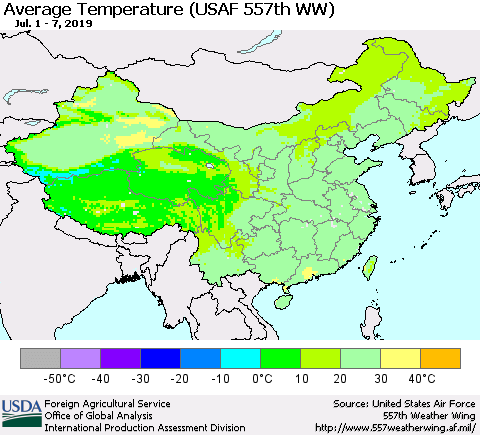 China and Taiwan Average Temperature (USAF 557th WW) Thematic Map For 7/1/2019 - 7/7/2019