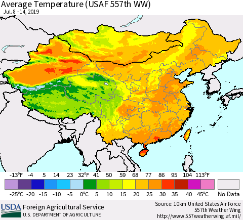 China and Taiwan Average Temperature (USAF 557th WW) Thematic Map For 7/8/2019 - 7/14/2019