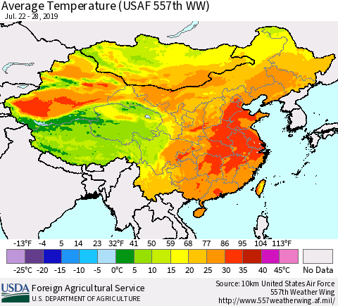 China and Taiwan Average Temperature (USAF 557th WW) Thematic Map For 7/22/2019 - 7/28/2019