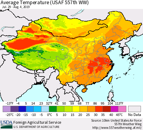 China and Taiwan Average Temperature (USAF 557th WW) Thematic Map For 7/29/2019 - 8/4/2019