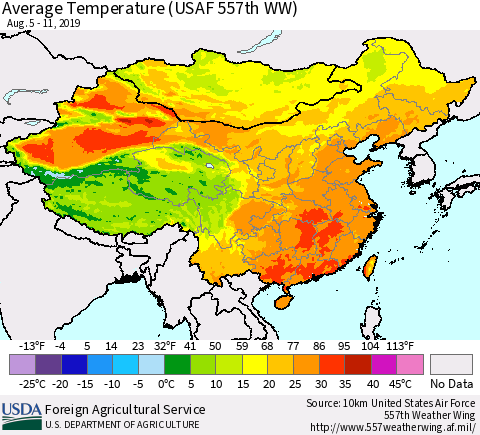 China and Taiwan Average Temperature (USAF 557th WW) Thematic Map For 8/5/2019 - 8/11/2019