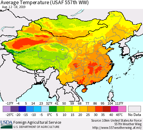China and Taiwan Average Temperature (USAF 557th WW) Thematic Map For 8/12/2019 - 8/18/2019