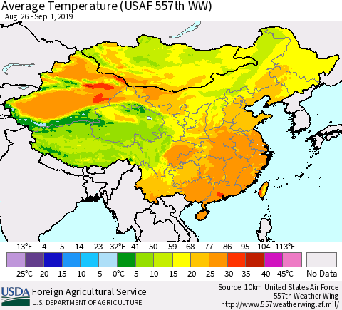 China and Taiwan Average Temperature (USAF 557th WW) Thematic Map For 8/26/2019 - 9/1/2019