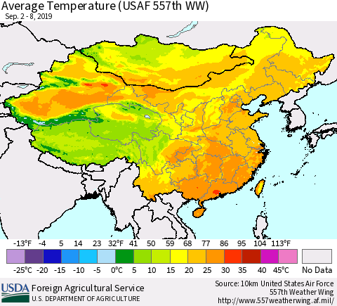 China and Taiwan Average Temperature (USAF 557th WW) Thematic Map For 9/2/2019 - 9/8/2019