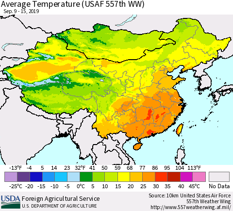 China and Taiwan Average Temperature (USAF 557th WW) Thematic Map For 9/9/2019 - 9/15/2019