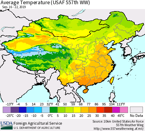 China and Taiwan Average Temperature (USAF 557th WW) Thematic Map For 9/16/2019 - 9/22/2019