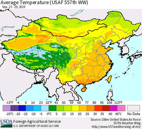 China and Taiwan Average Temperature (USAF 557th WW) Thematic Map For 9/23/2019 - 9/29/2019