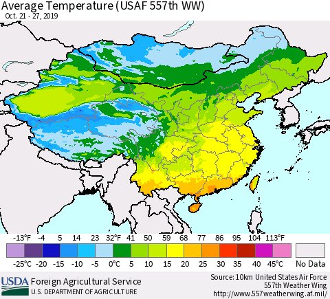 China and Taiwan Average Temperature (USAF 557th WW) Thematic Map For 10/21/2019 - 10/27/2019