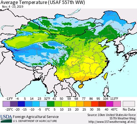 China and Taiwan Average Temperature (USAF 557th WW) Thematic Map For 11/4/2019 - 11/10/2019