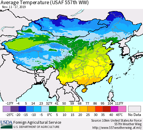China and Taiwan Average Temperature (USAF 557th WW) Thematic Map For 11/11/2019 - 11/17/2019