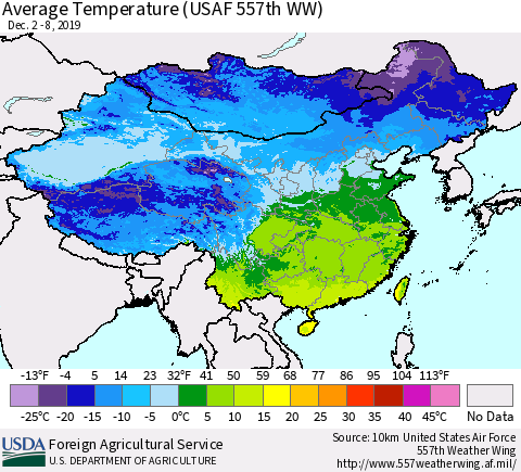 China and Taiwan Average Temperature (USAF 557th WW) Thematic Map For 12/2/2019 - 12/8/2019