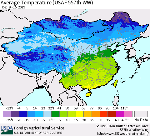 China and Taiwan Average Temperature (USAF 557th WW) Thematic Map For 12/9/2019 - 12/15/2019