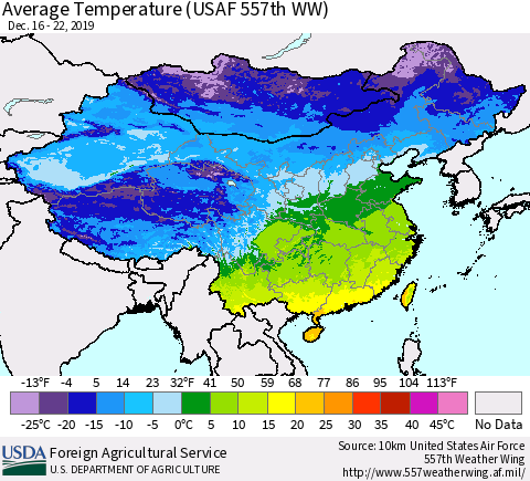 China and Taiwan Average Temperature (USAF 557th WW) Thematic Map For 12/16/2019 - 12/22/2019