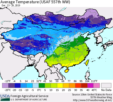 China and Taiwan Average Temperature (USAF 557th WW) Thematic Map For 12/23/2019 - 12/29/2019