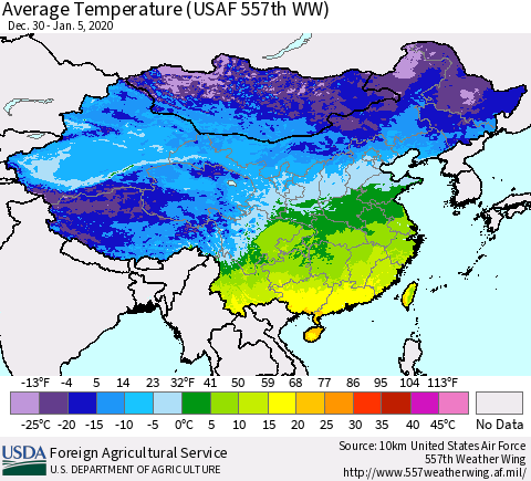 China and Taiwan Average Temperature (USAF 557th WW) Thematic Map For 12/30/2019 - 1/5/2020