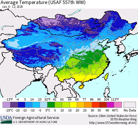 China and Taiwan Average Temperature (USAF 557th WW) Thematic Map For 1/6/2020 - 1/12/2020