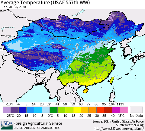 China and Taiwan Average Temperature (USAF 557th WW) Thematic Map For 1/20/2020 - 1/26/2020