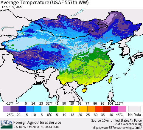 China and Taiwan Average Temperature (USAF 557th WW) Thematic Map For 2/3/2020 - 2/9/2020